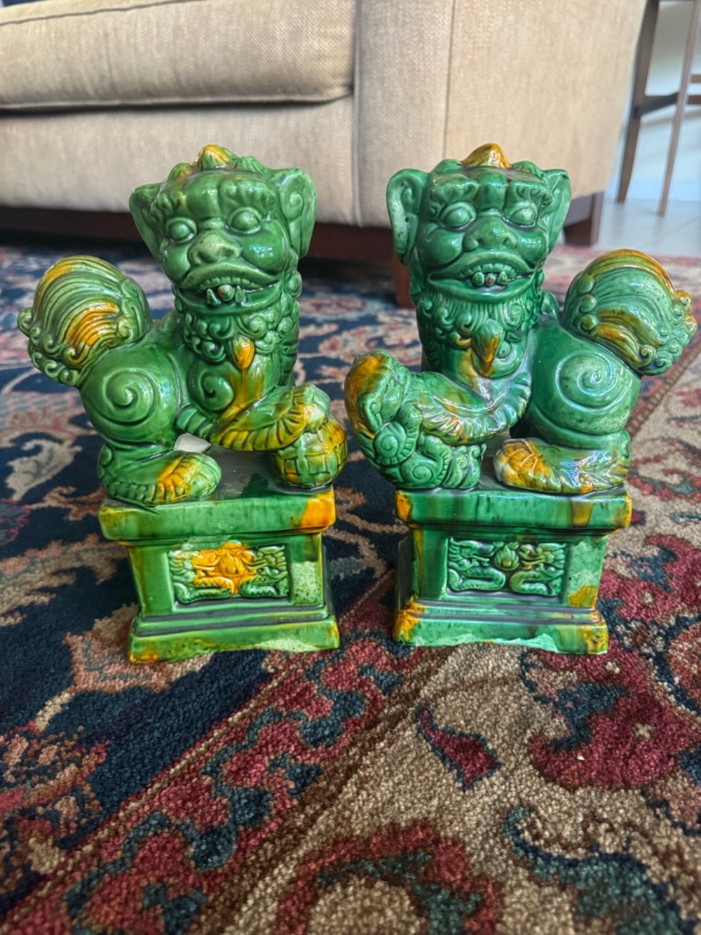 Gorgeous Green Ceramic Asian Foo Dog Statues - Pair